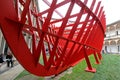 Installation that recalls the skeleton of a yacht in a cloister of the State University of Milan